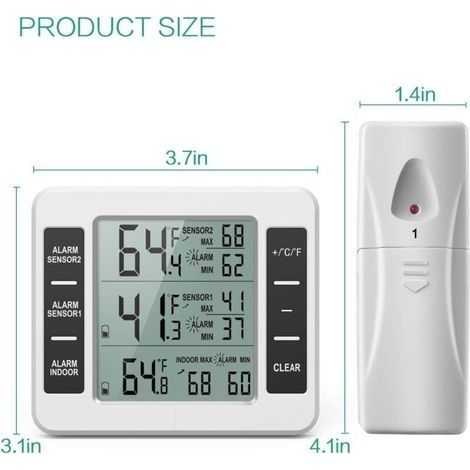 Thermomètre sans fil pour réfrigérateur et congélateur – 2 capteurs – Alarme sonore Min/Max – Plage -40 à 60 °C (1/4)