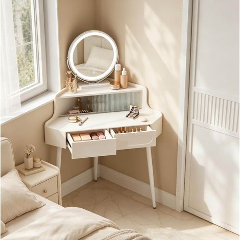 Toccatrice angolare con specchio rotondo dimmerabile, 2 cassetti, bianca OKMYHOME (1/4)
