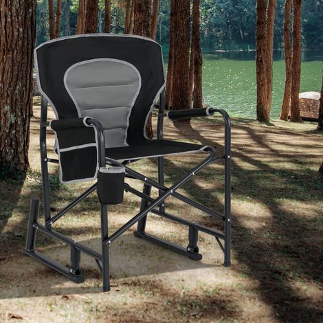 Chaise de Camping à Bascule Chaise à Bascule d'Extérieur Pliable avec Double Ressort Dossier Rembourré Accoudoirs Noir (1/5)
