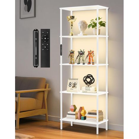 Bibliothèque LED sur Pied, Étagère de Rangement en Bois 5 Niveaux, 60 x 30 x 170cm, Lumière Dimmable avec Télécommande et Minuterie, Meuble de Salon pour Chambre, Bureau (Blanc) (1/5)