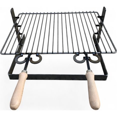 Griglia in ferro regolabile su più altezze, bistecchiera con manici in legno, per barbecue e camino per carne pesce verdure 50x36cm