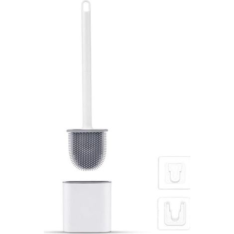 Brosse WC Silicone Plate- Brosse Toilette et Supports, Anti-goutte, Antibactérienne, Balayette WC Ventilée, Séchage Rapide sans Odeur, Balai WC Montage Mural/au Sol, Salle de Bain et WC Blanc (1/5)