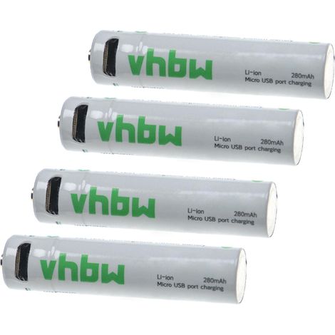 vhbw 4x Batería AAA Micro - Con conector USB Micro, 280 mAh, 1,5 V, Li-Ion