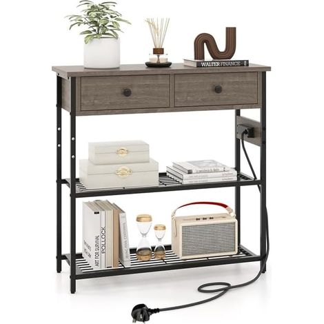 Costway – Table console 2 tiroirs avec multiprise intégrée – 2 prises, 1 USB, 1 Type-C – 3 étagères en métal – Chêne gris