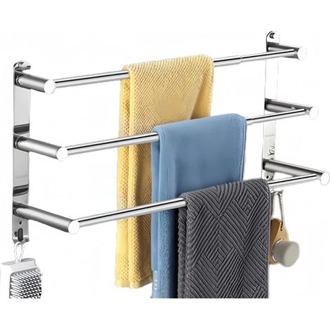 Porte-serviettes mural à 3 niveaux en acier inoxydable SUS 304 avec crochets, 2 méthodes d'installation adaptées pour salle de bain, cuisine, bureau (43 à 75 cm) (1/5)