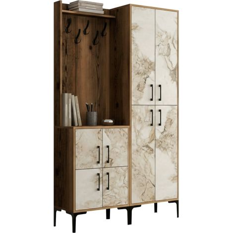 Dmora - Eingangsmöbel Castor, Moderner Eingang, Wandgarderobe, Multifunktions-Aufbewahrungskonsole, 120x35h200 cm, Nussbaum und Weißer Marmor, mit verstärkter Verpackung
