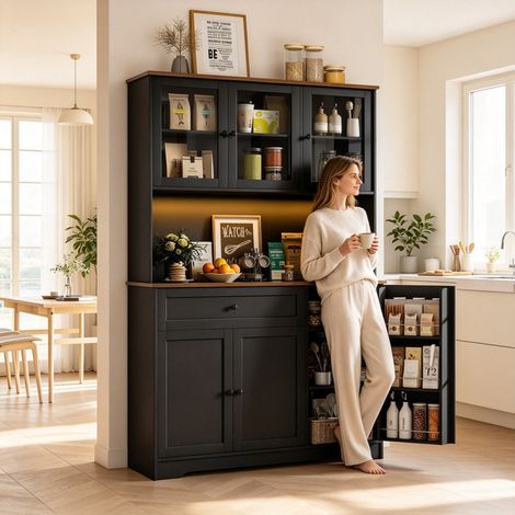 Buffet de cuisine - avec 6 portes et 4 tiroirs - avec led, prises et usb, 100x39x180cm - Noir