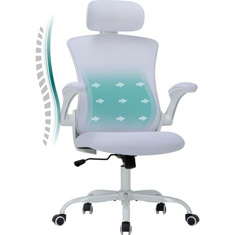 COLAMY Chaises de bureau - Chaise de bureau ergonomique – Dossier haut en mesh, soutien lombaire et appuie-tête réglables, accoudoirs relevables–blanc