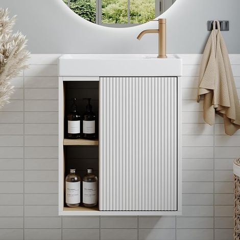 46cm Wall Mounted Wash Basin Cabinet with Basin - Narrow Vanity Unit with Soft Close Grooved Door and Open Shelf, Matte White/Golden Sand (1/5)
