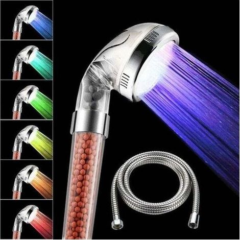 pair Pommeau de douche avec tuyau, 7 couleurs changeantes, avec pression LED, économiseur d'eau, régulateur de la température, adoucisseur d'eau-Fei Yu (1/4)