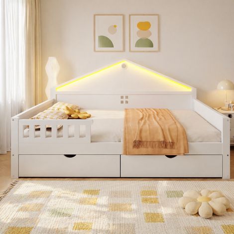 Kinderbett 140×200 cm, mit Lichtleiste, Schubladen, Lattenrost, Einzelbett, Jugendbett,Weiß (1/5)
