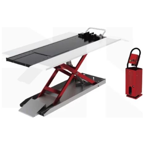 Pont moto hydraulique 600 kg – Hauteur levée 1200 mm – Longueur 3025 mm – Largeur 810 mm – Alimentation 400V triphasé – LEO (1/2)
