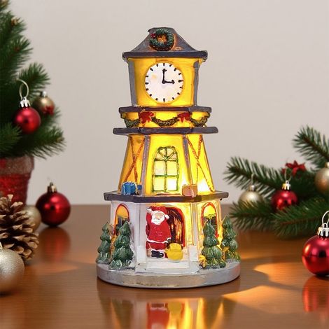 Maison De Village De Noël - Tour Horloge À LED - Décoration De Table En Résine - 11,5 X 6,5 Cm - 1 Pièce (1/5)