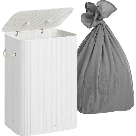 Relaxdays Wäschekorb mit Deckel, 2 Fächer, Bambus, 105 l, faltbar, HxBxT: 63 x 52 x 32 cm, Wäsche Sortiersystem, weiß