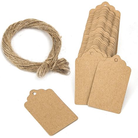 Lot de 100 étiquettes cadeaux festonnées en papier kraft, marron, 5 x 3 cm, avec ficelle