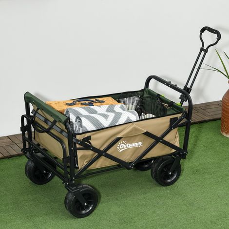 Chariot jardin 110L poignée télescopique fond ouvrible en acier tissu oxford kaki