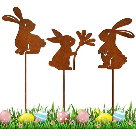 3 Pièces Piquet décoratif,Lapin en métal,Patine rouillée,Taille 25cm,Jardin Terrasse Balcon