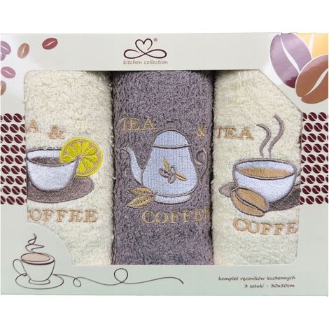 Juego de paños de cocina "Kuchcik" con estampado de café y té, 30x50 cm, color beige y crudo.