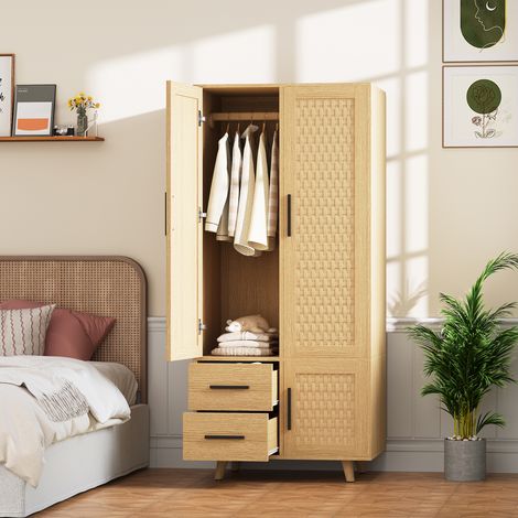 KEFSR- 80x52x166 cm Armoire 2 porte avec tiroir effet rotin,penderie bois avec rangement chambre,dressing,entrée, assemblage requis (1/5)