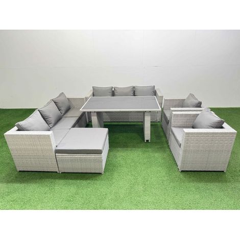 Fimous 9 Seater Wicker PE Rattan Furniture Outdoor Dining Table 3 Seater Sofa Armchair Set with Big Stool Light Grey (1/5)