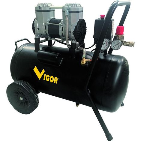 Vigor VCA-S50 Compressore Silent 50 L 750W 2 Cilindri Trasmissione Diretta 230V Senza Olio 59 dB