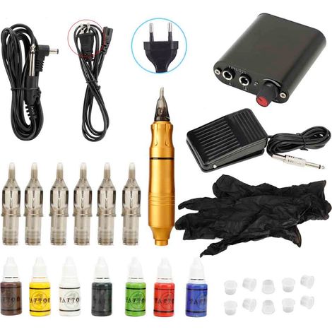 Kit de stylo tatouage professionnel - Machine tatouage liner shader, encre et aiguilles accessoires set (Or EU) (1/5)