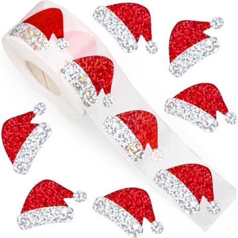 Lot de 3 rouleaux d'autocollants pour chapeaux de Noël, laser rouge, adaptés à la décoration d'enveloppes, de journaux, de fêtes (1/4)