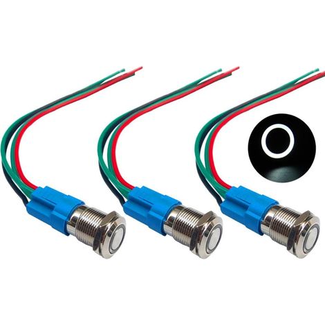 3Pcs 12V / 24V 3A Interrupteur à Bouton-Poussoir Momentané, Commutateur Bouton-Poussoir 12mm, Blanc LED Interrupteur Etanche IP66 avec Fil de Prise de Courant (1/5)
