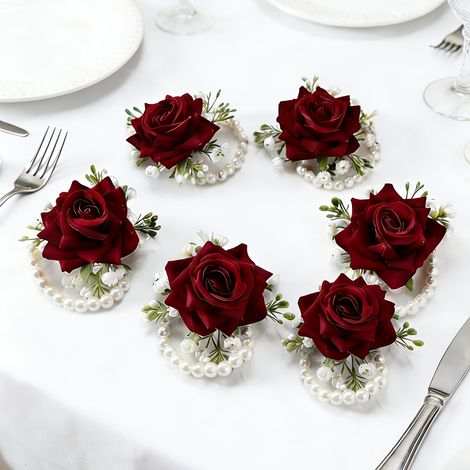 6 pièces : Ensemble de fleurs de poignet en tissu élégant, adapté pour mariages, fiançailles - Fleurs artificielles fournies, idéales pour mariée, marié, enterrement de vie de jeune fille, bal de prom (1/4)