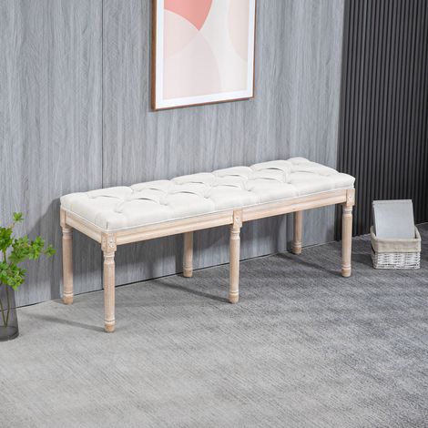 Banc capitonné crème – Style vintage français, lin, pieds bois massif – Bout de lit, banquette d’entrée, élégant et doux (1/5)