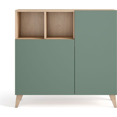 Meuble à chaussures scandinave en mélamine – Portes vertes – Pieds en hêtre massif – 5 tablettes – Capacité 10-12 paires – Herdasa (1/5)