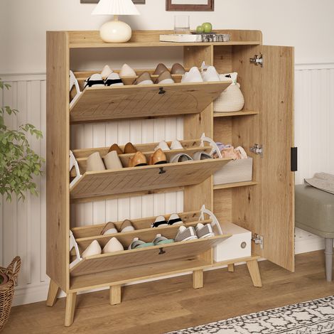 Meuble à chaussures moderne 110x24x137,5 cm - Avec 3 portes abattantes - 3 étagères et miroir - Pieds en bois massif - Naturel