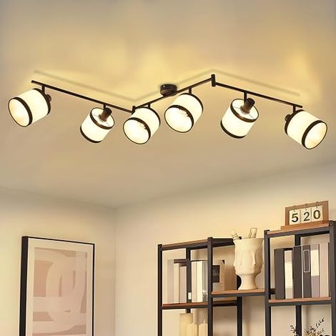 GBLY Proiettore a soffitto 6 luci Lampada nera Lampada a soffitto E14 Retro Spots tessuto Soggiorno orientabile 350° per camera cucina stanza di studio ufficio Senza lampada