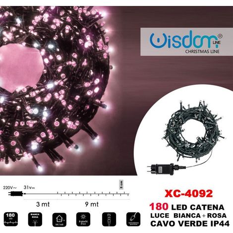 Trade Shop - Catena Luminosa 180 Luci Led Luci Lights Bianca + Rosa Cavo Verde Ip44 Xc-4092 -
