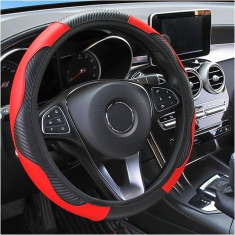 Coprivolante per auto, 15 pollici, protezione elastica per volante in fibra di carbonio, microfibra e pelle PU (rosso) (1/5)