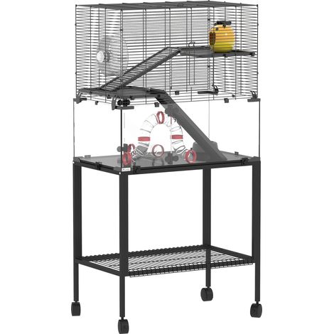 Cage hamster 3 niveaux avec roue cabane plateformes rampes gamelle biberon acier plastique noir