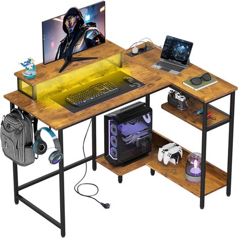 Bureau gaming angle DEVAISE 110x80 cm, RGB, prises, support moniteur, crochets, vintage brun pour bureau. (1/5)