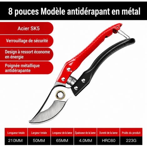 Sécateur de jardin 8 pouces poignée métallique réf. 2100 en acier SK5 8 2100 220 12 21 × 4 × 2 cm 223 g – Livraison gratuite