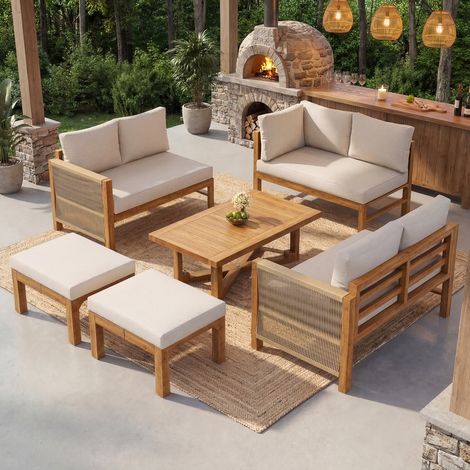 Seyakany Ensemble de mobilier de jardin,canapé modulaire d'angle pour 6 personnes,2 tabourets et 1 table en acacia,respirant,éclaboussures(Beige)