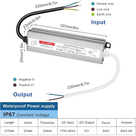 Transformer 220V 12V LED 60W, Power Supply 5A, Driver Waterproof IP67, Transfo AC to DC, Converter 220V, 12V60W for G4, GU5.3, MR11, MR16, Strip, Non Dimmable (1/4)