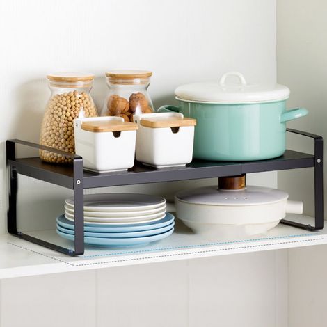 Étagère métallique extensible (noire) - Étagère de cuisine extensible - Organiseur réglable - Étagère à épices - Étagère de rangement pour cuisine et (1/5)