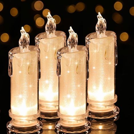 4 velas LED - 6,5 cm x 18 cm - Plástico resistente - Blanco - Pilas internas, pilar LED, velas eléctricas de plástico, para jardín, Navidad, decoración de fiestas de San Valentín, reutilizables (1/5)