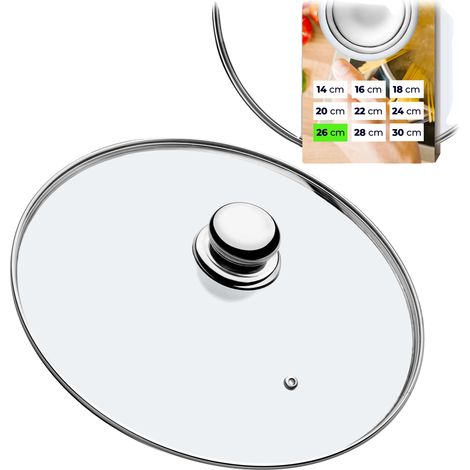 Tapa de cocina de 26 cm de diámetro, fabricada en acero inoxidable, compatible con ollas y sartenes estándar, resistente a altas temperaturas, con certificación CE/UE. (1/5)