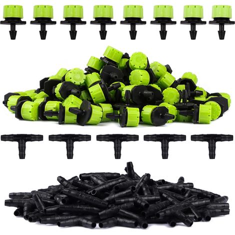 100pcs Vert Goutteur Irrigation Réglable + 100PcsTee Joint de Tuyau Système D'arrosage Automatique Goutte à Goutte Micro Gicleurs Drippers pour Plante Serre DIY Jardin (1/5)