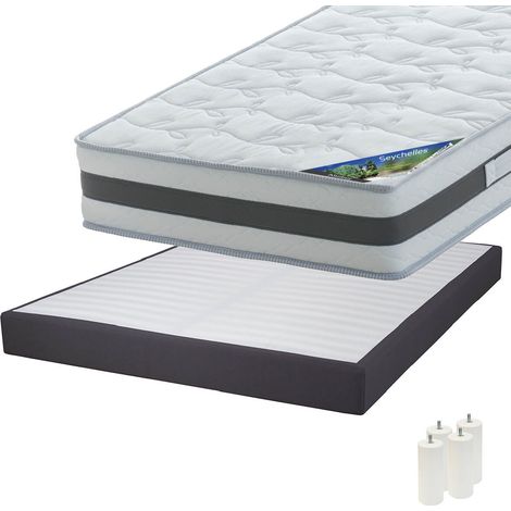 SEYCHELLES - Pack Matelas 160x200 + Sommier Tapissier Démontable 2x20 Lattes Anthracites + Pieds Blancs 15cm (1/5)