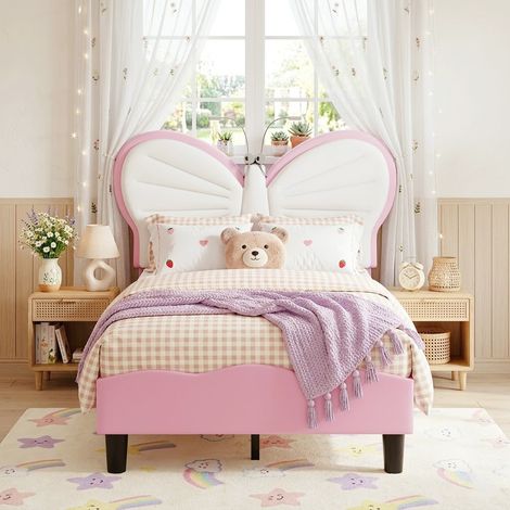 Kinder-Einzelbett 90x190 cm - Polsterbett mit LED-Leselampe, verstellbarem Kopfteil in Schmetterlingsform und Lattenrost - Rosa