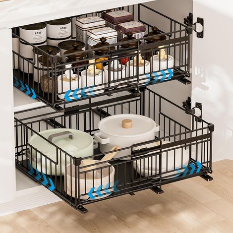 Lot de 2 tiroirs télescopiques extensibles - Tiroirs de cuisine - Avec bandes adhésives - Organiseur de placard extensible - Sans perçage - Largeur extensible : 33-50 x 38 x 17 cm (1/2)