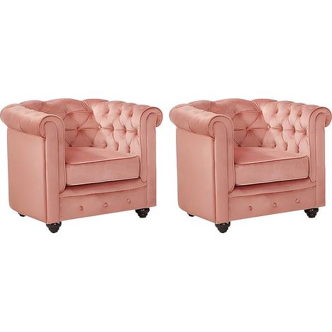 Lot de 2 Fauteuils CHESTERFIELD - Velours rose pastel (1/5)