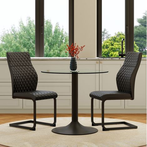 Set tavolo e 2 sedie da pranzo 85x85x76 cm, piano in vetro temperato, schienale alto, metallo, PU nero (1/5)