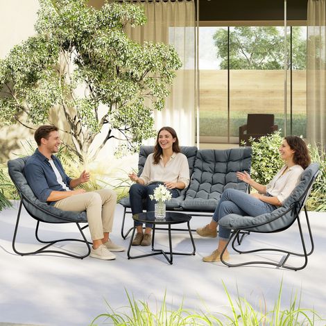 Conjunto de muebles de jardín de 4 piezas con cojines gruesos de 8 cm, conjunto de muebles de exterior en acero y textilene transpirable, gris.